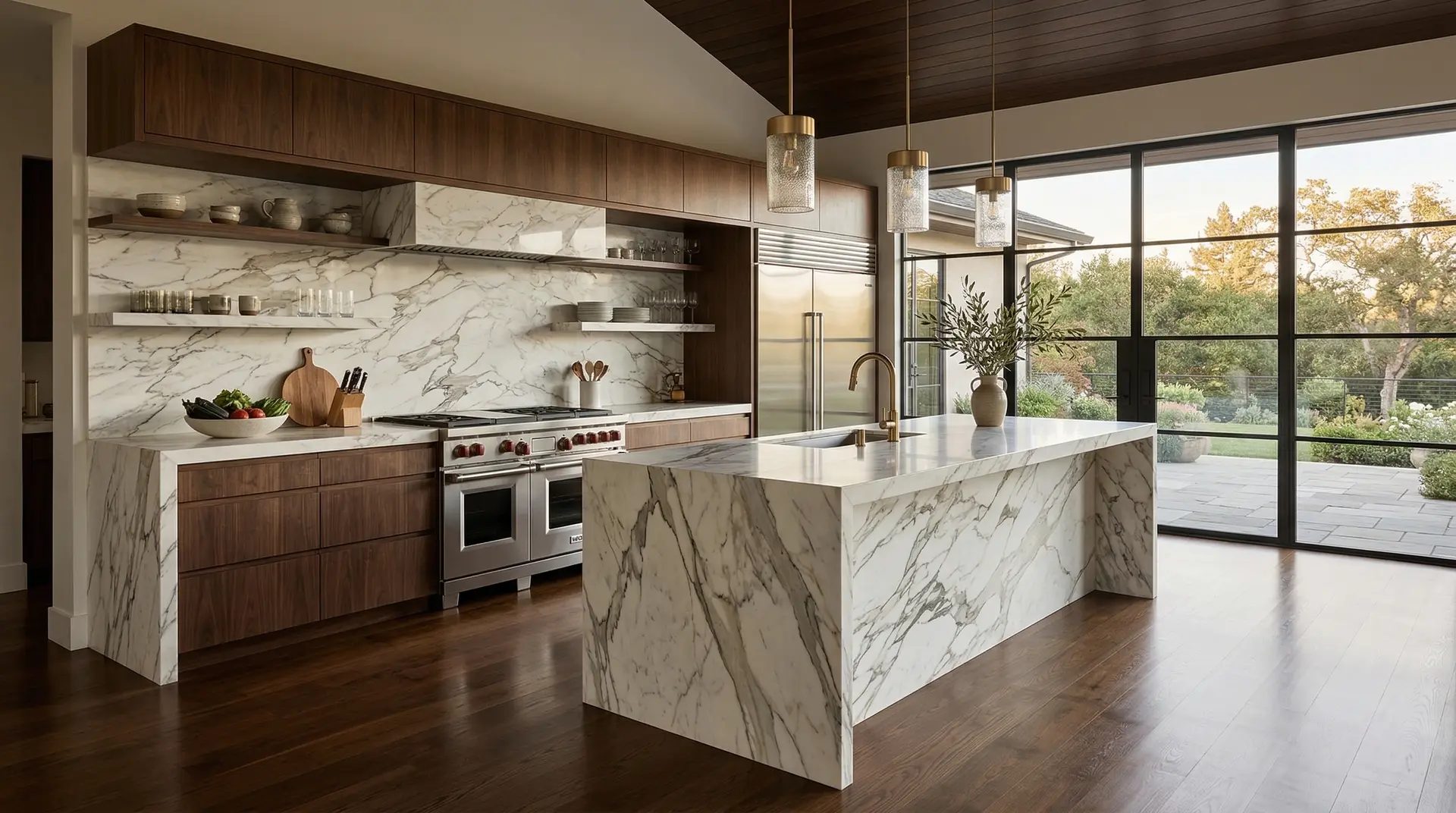A finished Tomorrowland kitchen in warm wood and stone